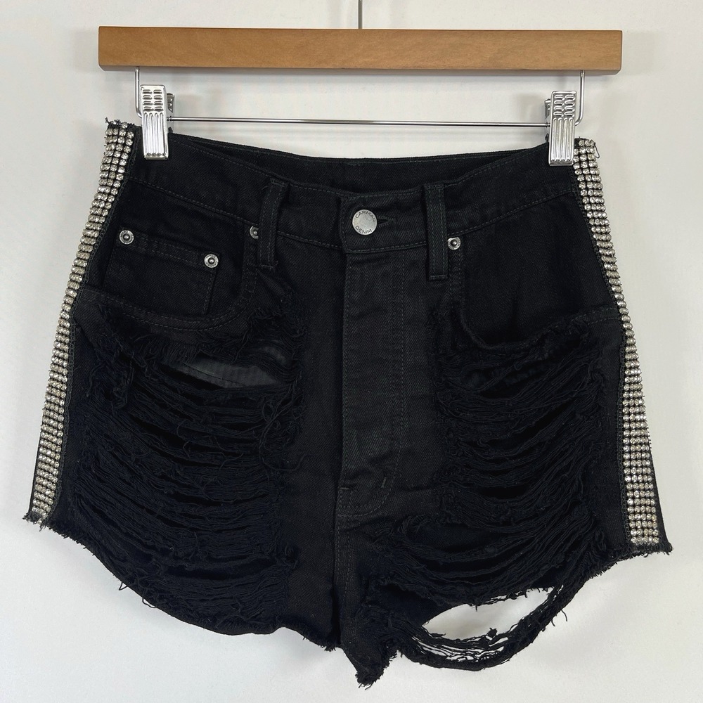 Carmar Frayed High Waist Denim Shorts 25 Rhinestone Glam Grunge Punk Rock Indie